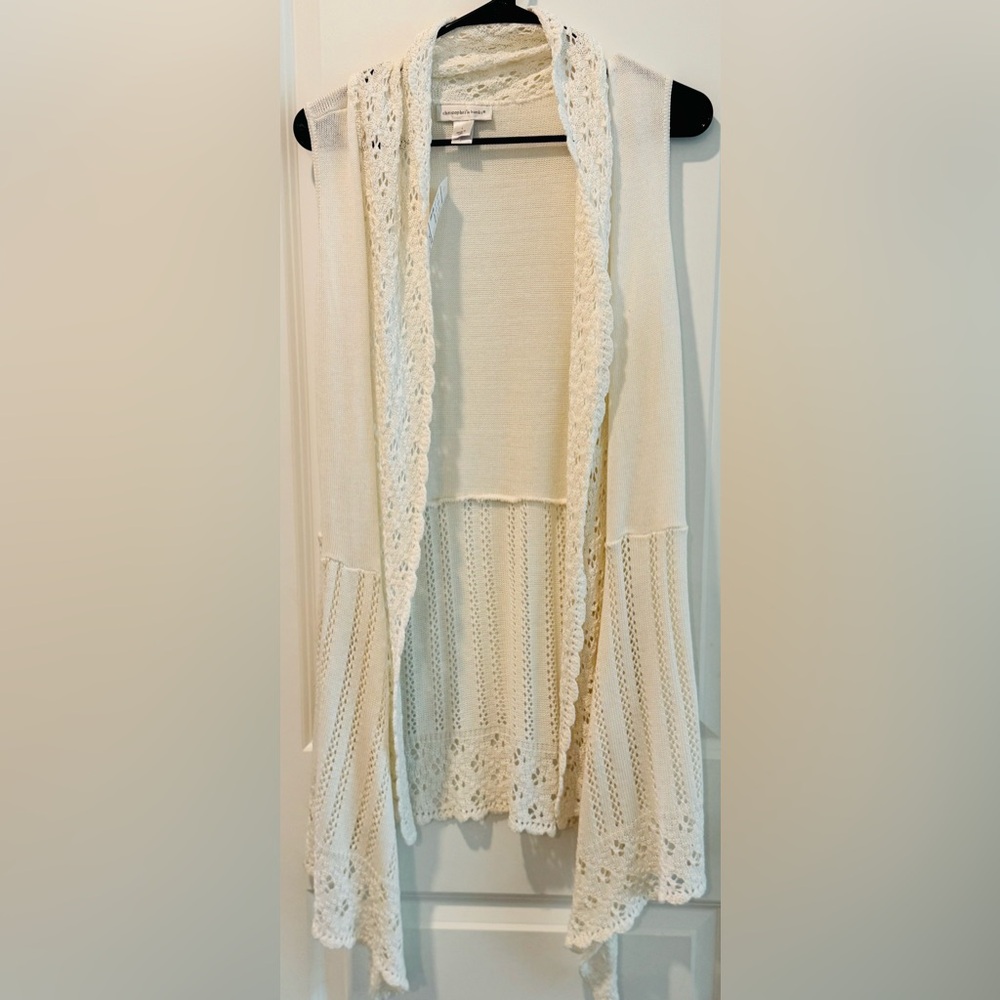 Christopher & Banks Ivory Open Front Crochet Knit Duster Vest Cardigan NWT L - Picture 3 of 12